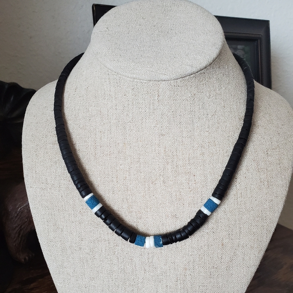 Blue, black and white 18" beaded necklace